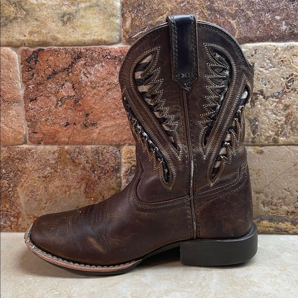 Ariat Kids Cowboy Boots Size 12 Brown Leather Western Aztec Stitch Square Toe - Picture 10 of 15